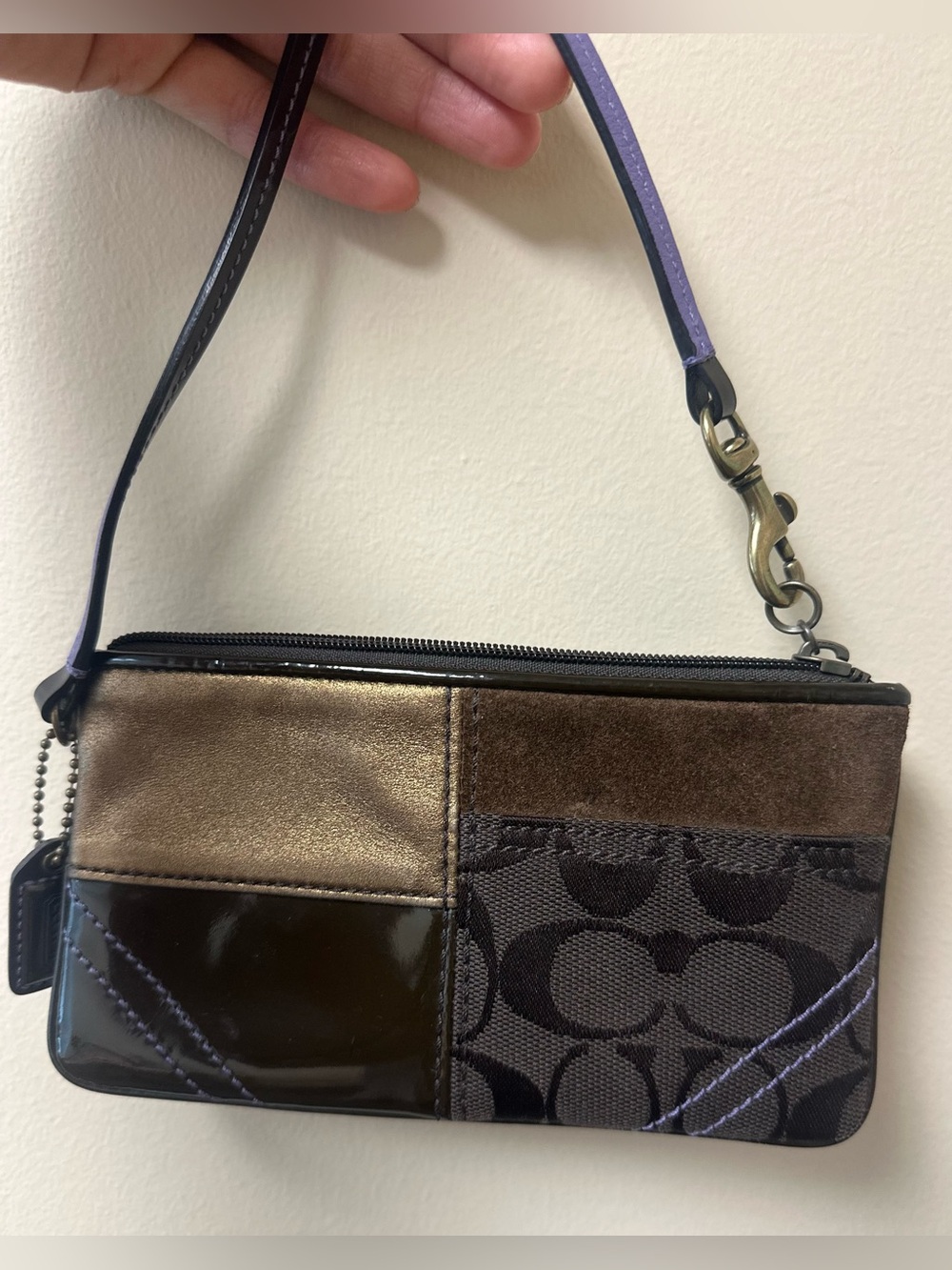 Coach Patchwork Signature Wristlet Bag Purple Brown 🤎💜